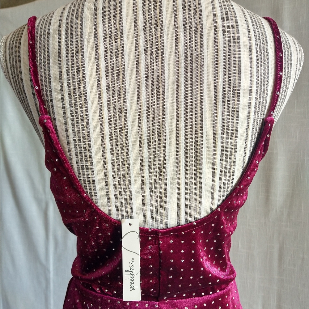 Sparkly Velvet Burgundy Gold Strappy Mini Dress Cutout Size Large - Picture 10 of 16